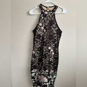 Le Chateau Black and Pink Floral Backless Dress